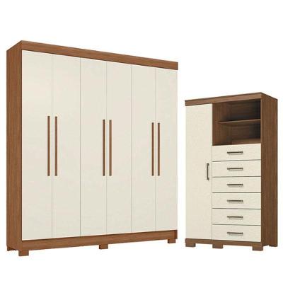 Guarda Roupa Casal 6 Portas Toledo e Cômoda 1 Porta 6 Gavetas Marabá Jatobá Areia Acetinado Santos