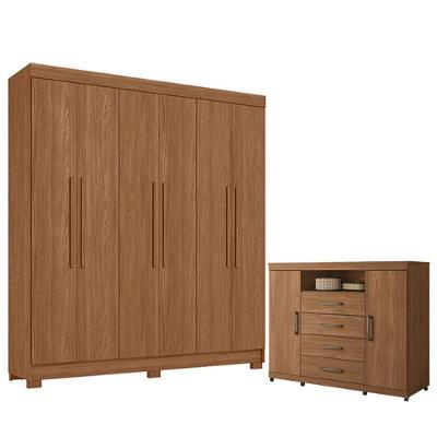 Guarda Roupa Casal 6 Portas Toledo e Cômoda Havana Master com Rodízio Jatobá Acetinado Santos Andirá