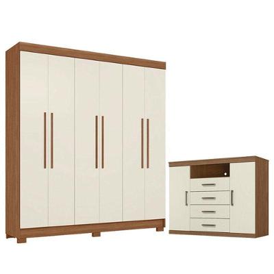 Guarda Roupa Casal 6 Portas Toledo com Cômoda Havana Master 2 Gavetas MDP Jatobá Areia Santos Andirá
