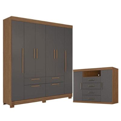 Guarda Roupa Casal Guarapuava 6 Portas de Bater 4 Gavetas MDP Cômoda Havana Master Jatobá Grafite