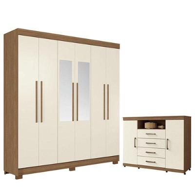 Guarda Roupa Casal com Cômoda Toledo 6 Portas de Bater 2 Gavetas MDP Jatobá Areia Santos Andirá