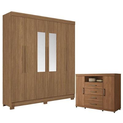 Guarda Roupa Casal com Cômoda Toledo 6 Portas de Bater 2 Gavetas MDP Jatobá Acetinado Santos Andirá