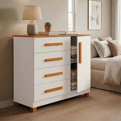 Cômoda Gaveteiro Grécia 4 Gavetas MDF Puxador MDF Branco e Nature Infantile Móveis