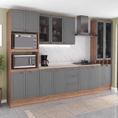 Cozinha Milla Mood 15 Portas 3 Gavetas MDF-MDP 340CM Cinza com Nogal e Titânio Móveis Carraro