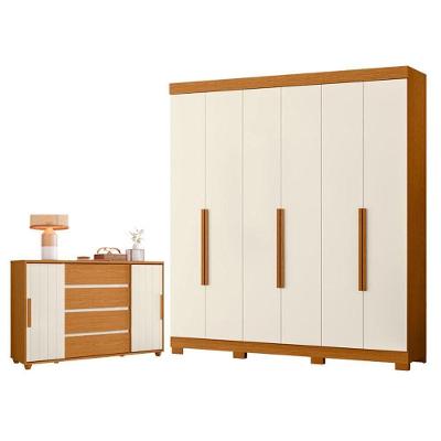 Conjunto de Quarto Guarda Roupa Casal Vinci 6 Portas Correr Cômoda Evidenza MDP Off White Albatroz