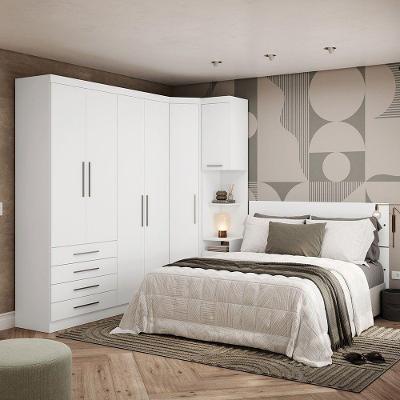 Quarto Composto Alpes 6 Portas 5 Gavetas MDP 134,50CM Branco com Guarda Roupa e Cabeceira Luciane