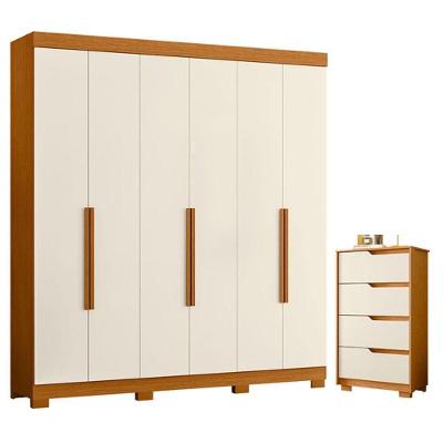 Guarda Roupa Casal Vinci 6 Portas de Bater com Cômoda Sole 4 Gavetas MDP Cinamomo Off White Albatroz