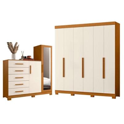 Guarda Roupa Casal Vinci 6 Portas de Bater com Cômoda New Master 5 Gavetas MDP Cinamomo Off White