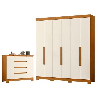 Guarda Roupa Casal Vinci 6 Portas de Bater 3 Gavetas MDP Cômoda Sapateira Atena Cinamomo e Off White
