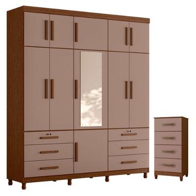 Guarda Roupa Casal Triton Plus 11 Portas de Bater com Espelho e Cômoda 6 Gavetas MDP Nogueira