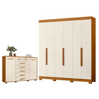 Guarda Roupa Casal Vinci 6 Portas de Bater 3 Gavetas MDP Cinamomo Off White com Cômoda Fontana