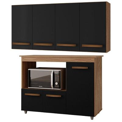 Balcão Multiuso e Armário Aéreo Luni Savana 3 e 4 Portas MDP Porta de Bater Preto Moblis Móveis