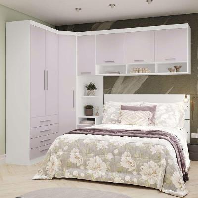 Quarto de Canto Alpes Luci 7 Portas 5 Gavetas MDP 165CM Branco com Guarda Roupa Mesa de Cabeceira