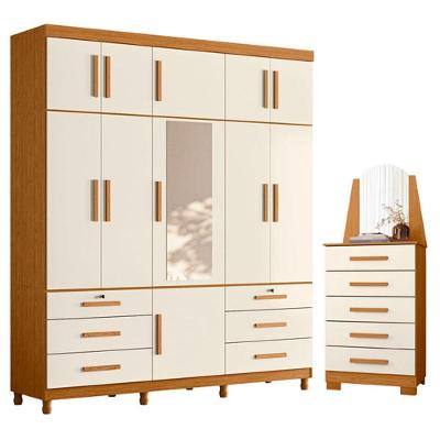 Guarda Roupa Casal com Cômoda Triton Plus 11 Portas de Bater 5 Gavetas MDP Cinamomo e Off White
