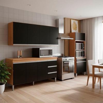 Conjunto Kit Cozinha Completa Balcão Pia 4 Portas MDF-MDP Amêndoa e Preto AJL Moveis