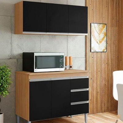 Conjunto Cozinha Balcão Pia e Armário Aéreo 3 Portas 120CM Amêndoa com Preto Andreia AJL