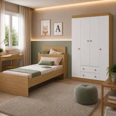 Conjunto de Quarto Lira com Cama Solteiro e Guarda Roupa 4 Portas 2 Gavetas MDP Multimóveis