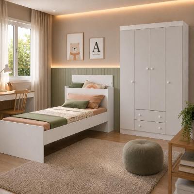 Conjunto de Quarto Lira com Cama Solteiro e Guarda Roupa 4 Portas 2 Gavetas MDP Branco Multimóveis