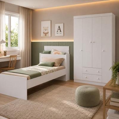 Conjunto de Quarto Lira com Cama Solteiro e Guarda Roupa 4 Portas 2 Gavetas MDP Branco Multimóveis