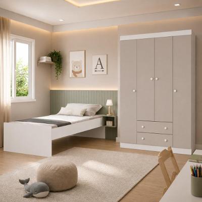 Conjunto de Quarto Lira com Cama e Guarda Roupa 4 Portas 2 Gavetas MDP Branco Multimóveis