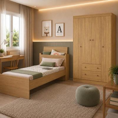Conjunto de Quarto com Cama Solteiro e Guarda Roupa Lira 4 Portas 2 Gavetas MDP Amadeirado