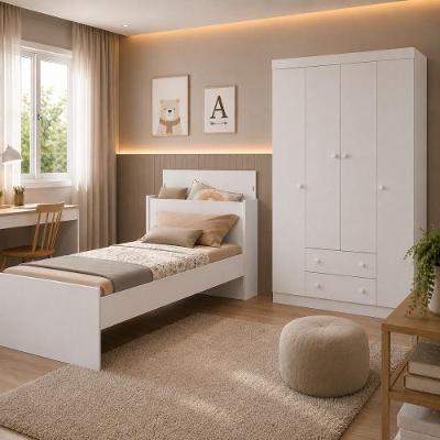 Conjunto de Quarto Cama com Colchão Incluso e Guarda Roupa 4 Portas 2 Gavetas MDP Branco Multimóveis