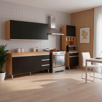 Conjunto Kit Cozinha Balcão Pia Armário Aéreo 4 Portas MDF-MDP 160CM Amêndoa e Preto AJL Moveis
