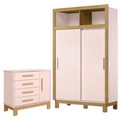 Guarda Roupa Infantil Flora Slim 2 Portas Correr 4 Gavetas MDP MDF Rosa Acetinado Qmovi