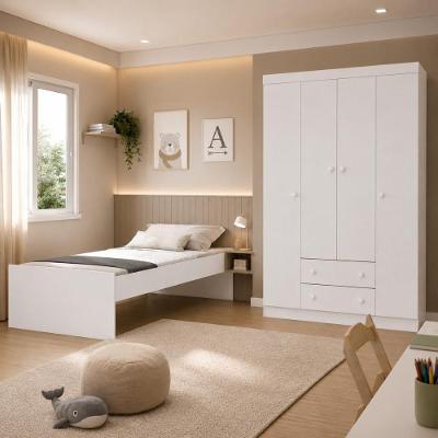 Conjunto de Quarto Lira com Cama Colchão Incluso e Guarda Roupa 4 Portas 2 Gavetas MDP Branco