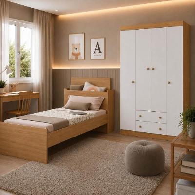 Conjunto de Quarto Cama com Colchão e Guarda Roupa 4 Portas 2 Gavetas MDP Amadeirado Multimóveis