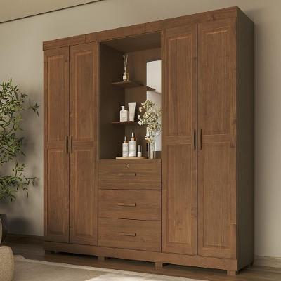 Guarda Roupa Casal Lone 4 Portas de Bater 3 Gavetas Madeira Maciça Castanho Mpozenato 183CM