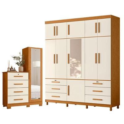 Guarda Roupa Casal Triton Plus 11 Portas de Bater com Espelho e Cômoda 4 Gavetas Cinamomo Off White
