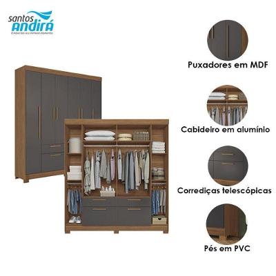 Guarda Roupa Casal Guarapuava 6 Portas de Bater 6 Gavetas MDP Cômoda 1 Porta Espelho Jatobá Grafite