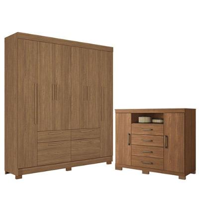 Guarda Roupa Casal Guarapuava 6 Portas 4 Gavetas MDP Jatobá Acetinado com Cômoda Havana Master