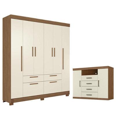 Guarda Roupa Casal Guarapuava 6 Portas de Bater 4 Gavetas MDP Jatobá Areia Acetinado com Cômoda