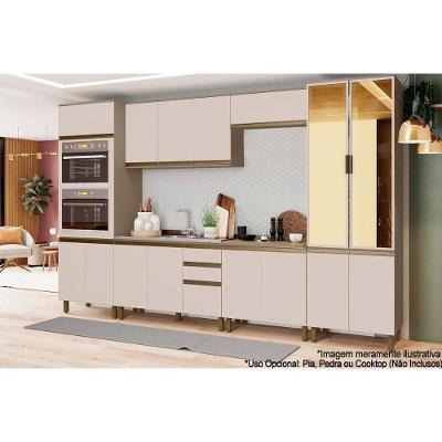 Kit Cozinha Connect 3 Portas 2 Gavetas MDF 120CM Bege Móveis Henn