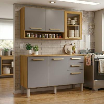 Kit Cozinha Athenas 3 Portas 2 Gavetas MDF-MDP 110CM Cinamomo e Cinza Mobilihouse