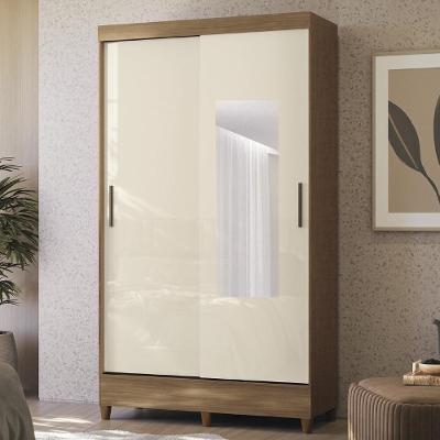 Guarda Roupa Solteiro Thales 2 Portas Correr com Espelho 2 Gavetas MDP Jequitibá-off Mpozenato 107CM