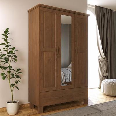 Guarda Roupa Solteiro Lone 3 Portas de Bater 2 Gavetas Madeira Maciça Castanho Mpozenato 119CM