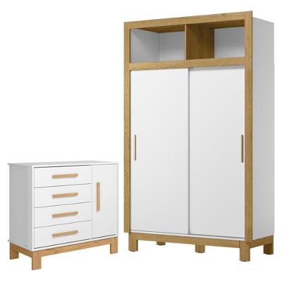 Guarda Roupa Infantil Flora Slim 2 Portas Correr 4 Gavetas MDP MDF Branco Acetinado Qmovi
