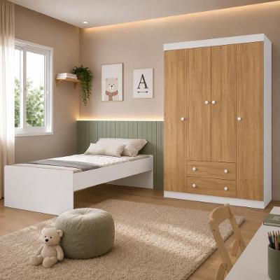 Jogo de Quarto com Cama Solteiro e Guarda Roupa 4 Portas 2 Gavetas MP4836 MDP Branco Multimóveis