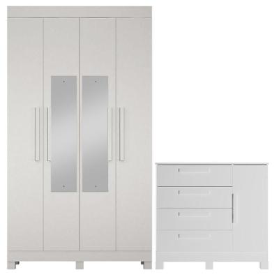 Guarda Roupa Casal Quero 4 Portas de Bater com Espelho e Cômoda 1 Porta 4 Gavetas MDF Branco