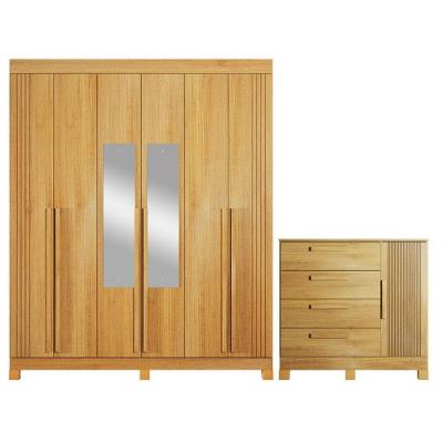 Guarda Roupa Casal Pica Pau 6 Portas de Bater com Espelho com Cômoda Andorinha 1 Porta 4 Gavetas