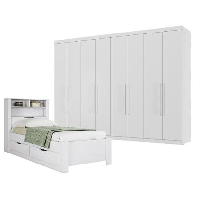 Guarda Roupa Casal Master New 8 Portas 4 Gavetas MDP 194.4CM Branco Brilho com Cama Solteiro Invicta
