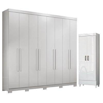 Guarda Roupa Casal Master New 8 Portas de Bater 4 Gavetas MDP Branco Brilho com Pés e Armário