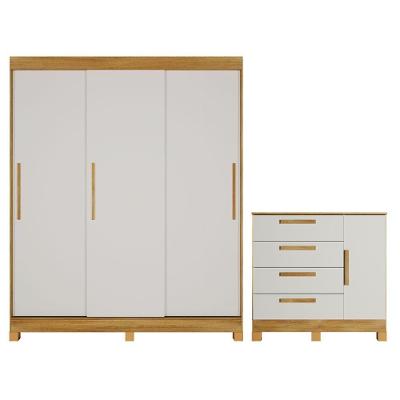 Guarda Roupa Beija-flor 3 Portas de Correr 4 Gavetas MDF Cinamomo Off White com Cômoda Valdemóveis