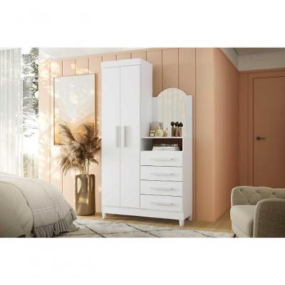 Guarda Roupa Solteiro New Capri 2 Portas de Bater 4 Gavetas MDP com Cômoda Embutida Espelho Branco
