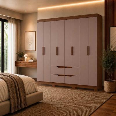 Guarda Roupa Casal Doble 8 Portas de Bater 4 Gavetas MDF-MDP Nogueira Cappuccino 199CM
