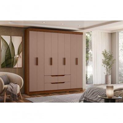Guarda Roupa Casal Doble 8 Portas de Bater 4 Gavetas MDF-MDP Nogueira Cappuccino 199CM