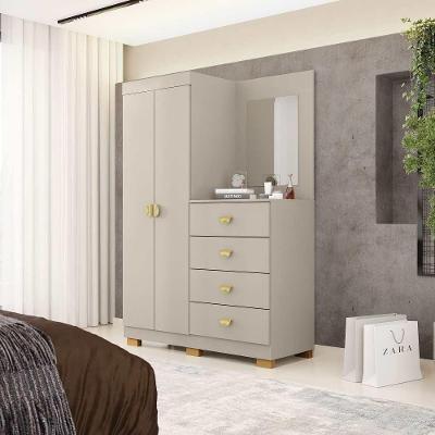 Guarda Roupa Casal Cristal 2 Portas 4 Gavetas MDP com Cômoda e Espelho Fendi Vila Rica 120CM